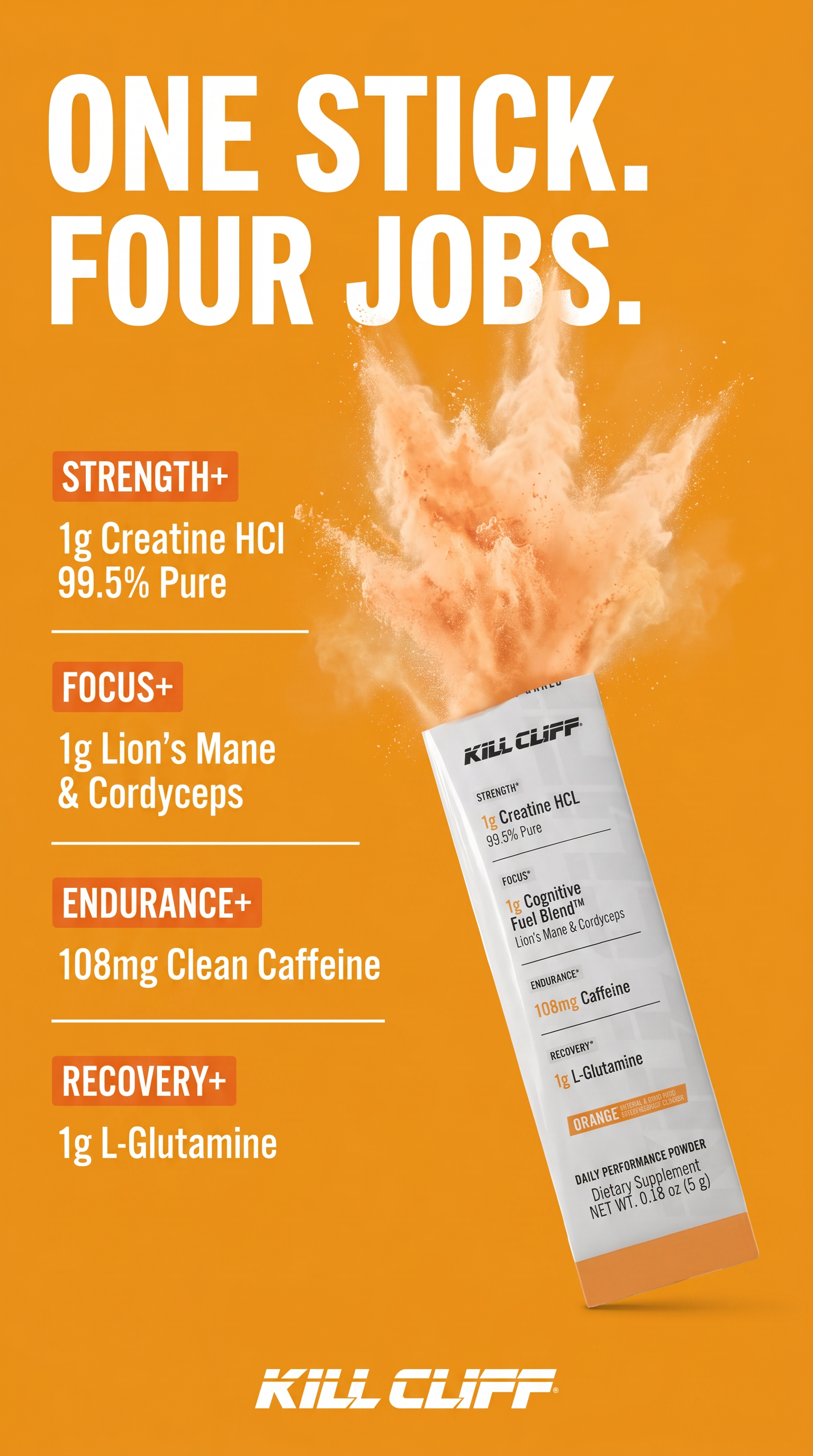Kill Cliff RTM Orange stick pack with powder burst and the four-part stack: Creatine HCl, Lion's Mane & Cordyceps, clean caffeine, L-Glutamine
