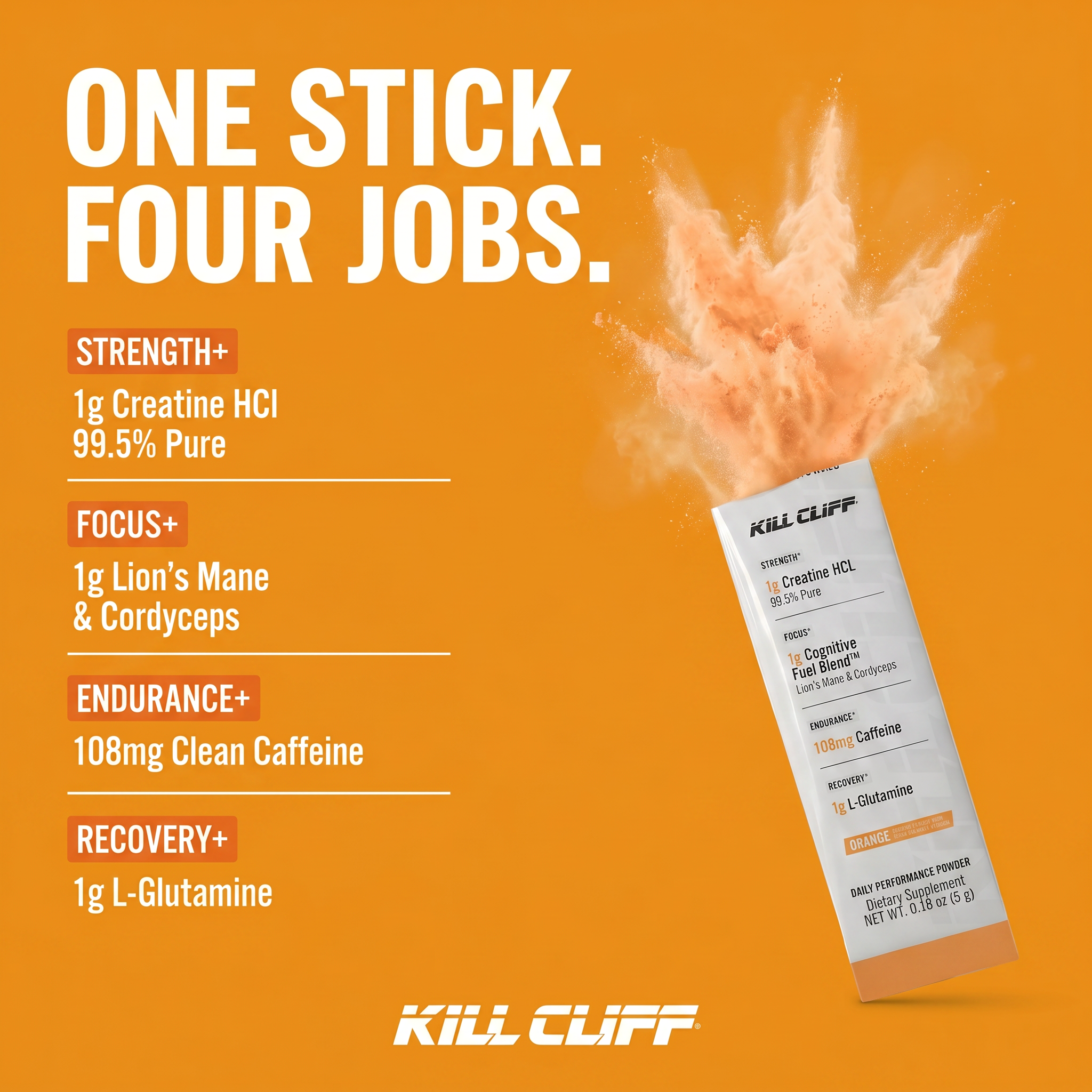 Kill Cliff RTM Orange ingredient breakdown: Creatine HCl, Lion's Mane & Cordyceps cognitive fuel blend, clean caffeine, L-Glutamine