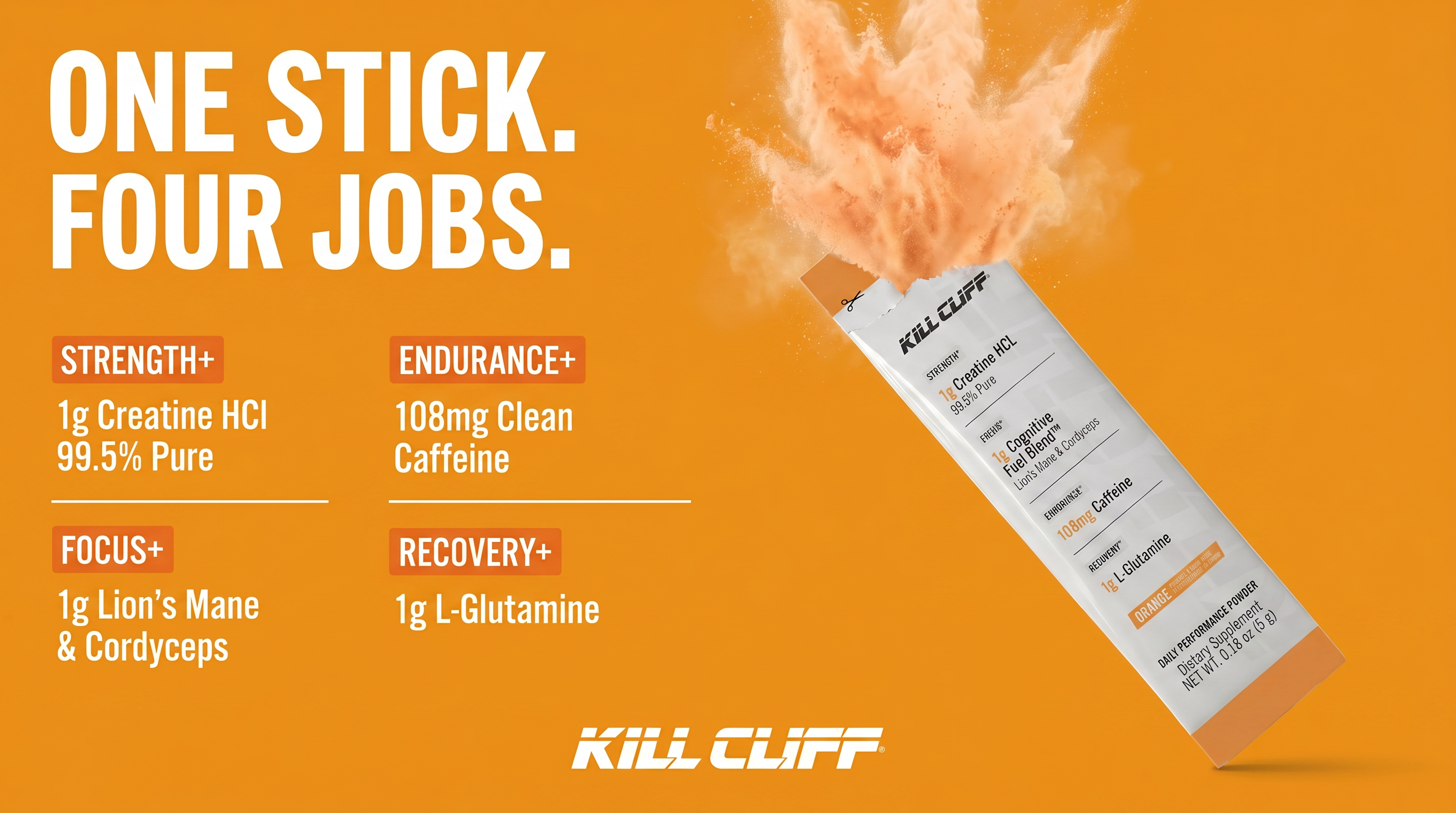 Kill Cliff RTM Orange — One Stick. Four Jobs. Creatine HCl, Lion's Mane & Cordyceps, clean caffeine, L-Glutamine