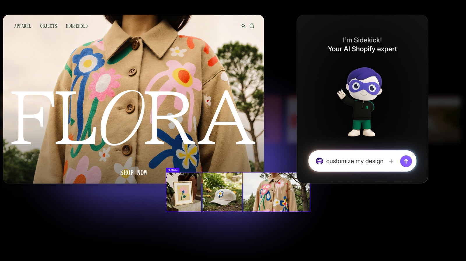 Shopify Sidekick chat interface beside a merchant storefront with a prompt to customize the store design