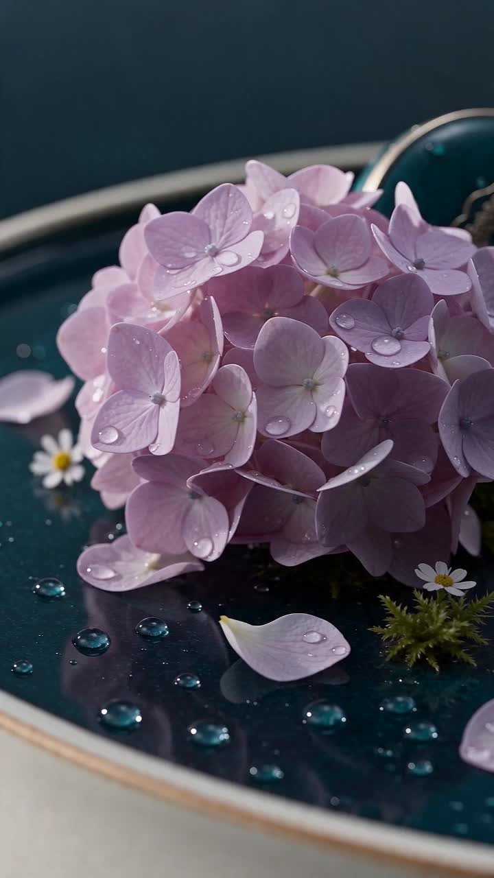 Macro Seedance 2.5 video frame showing hydrangea petals and water droplets on a lacquered surface