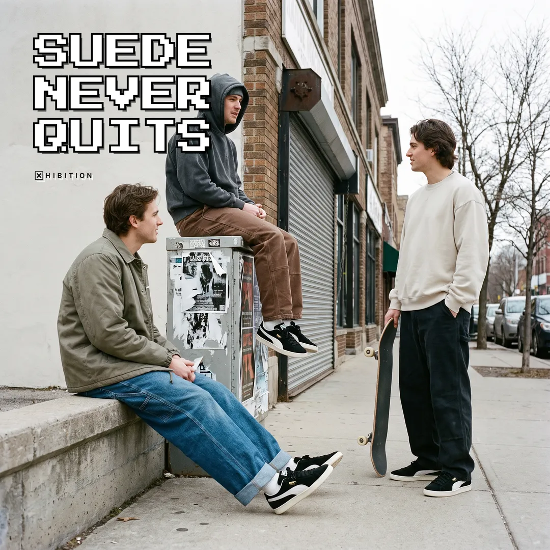 Three friends talking on a Cleveland sidewalk, two of them wearing the black PUMA Suede Charles F. Stead I with cream soles. The campaign lockup reads Suede Never Quits above the Xhibition mark.