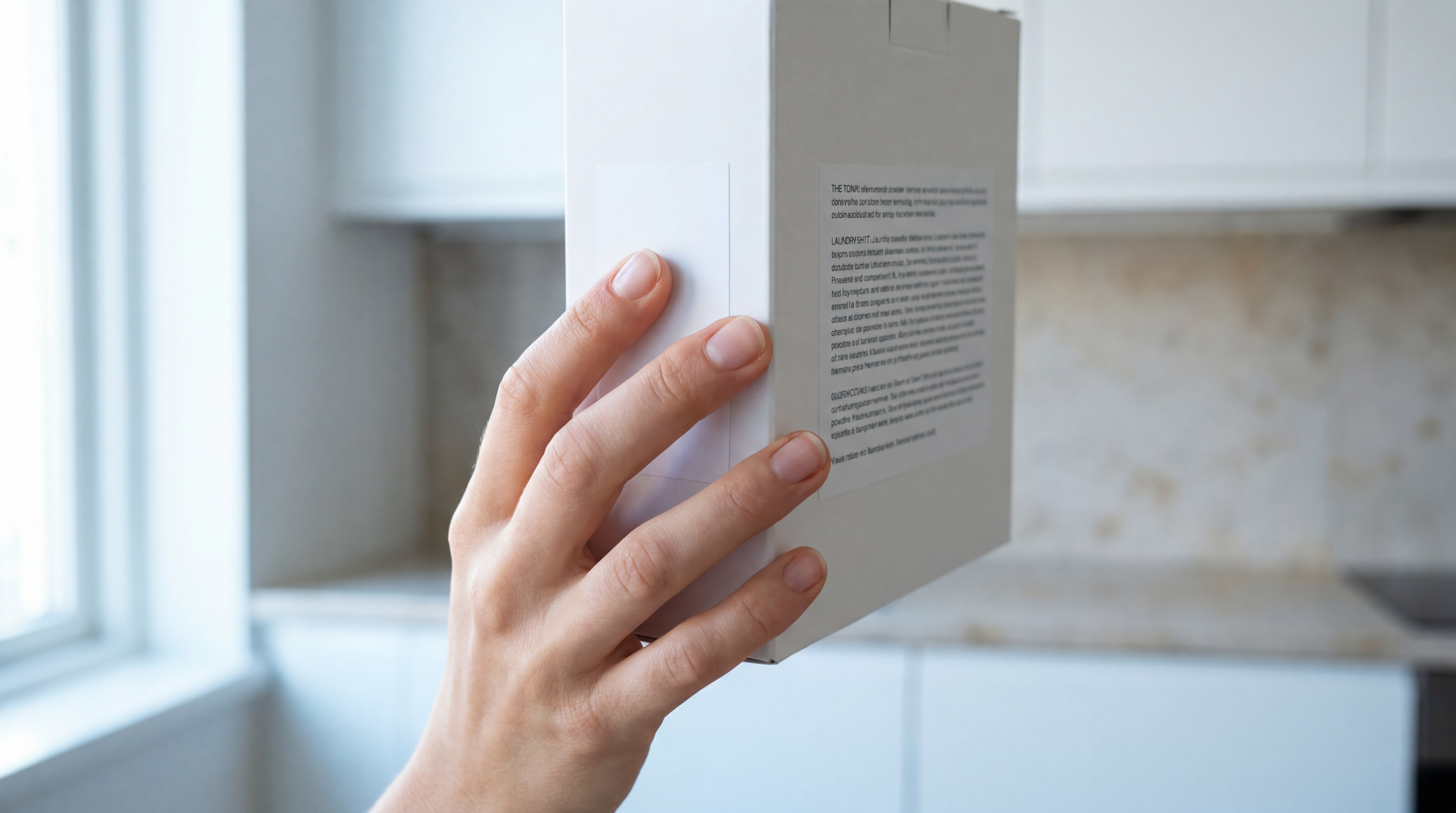 Hands holding a minimal laundry powder label in soft natural light — AEMBR phthalate-free