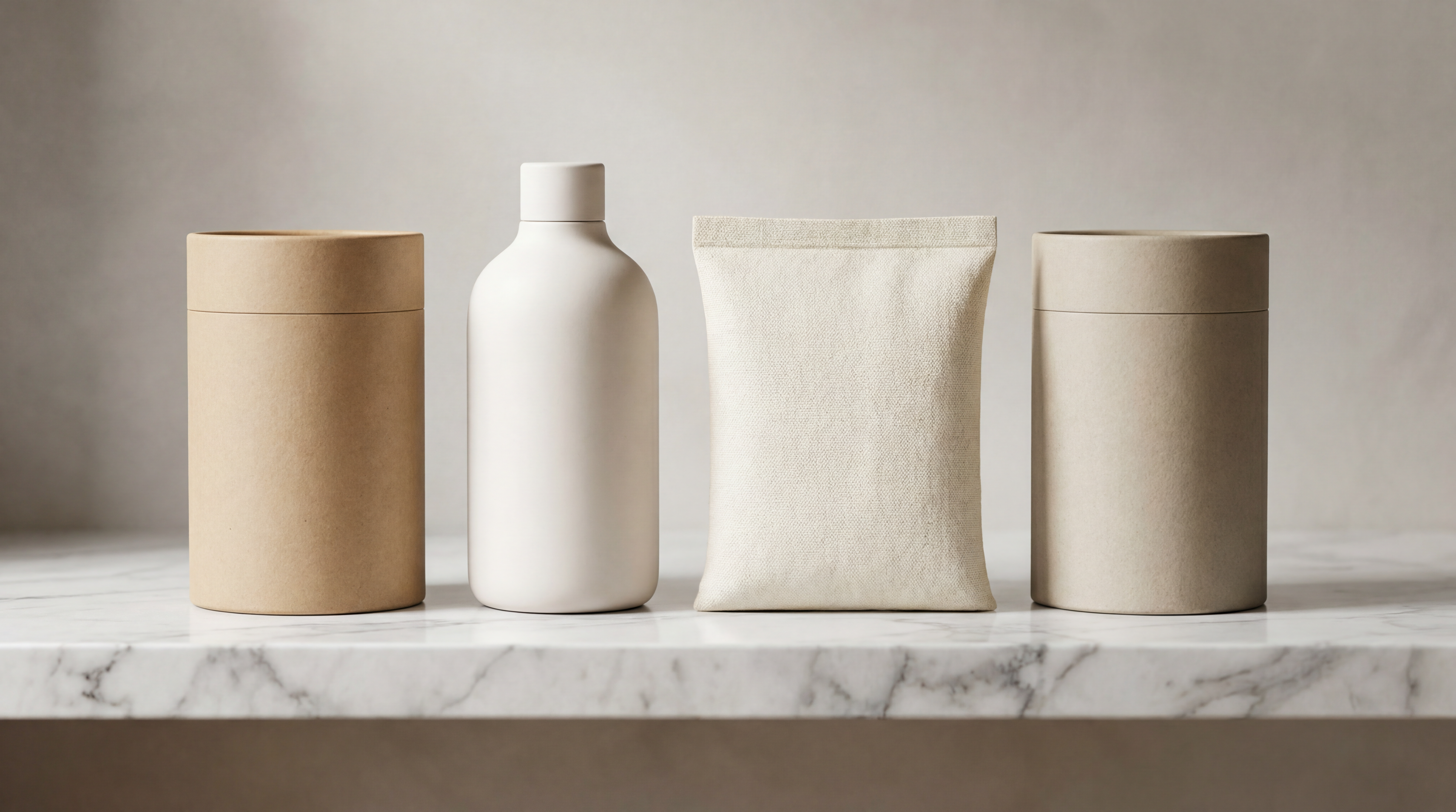 Minimal kraft-paper laundry powder packaging on warm marble in Nordic light — AEMBR best non-toxic laundry detergent 2026
