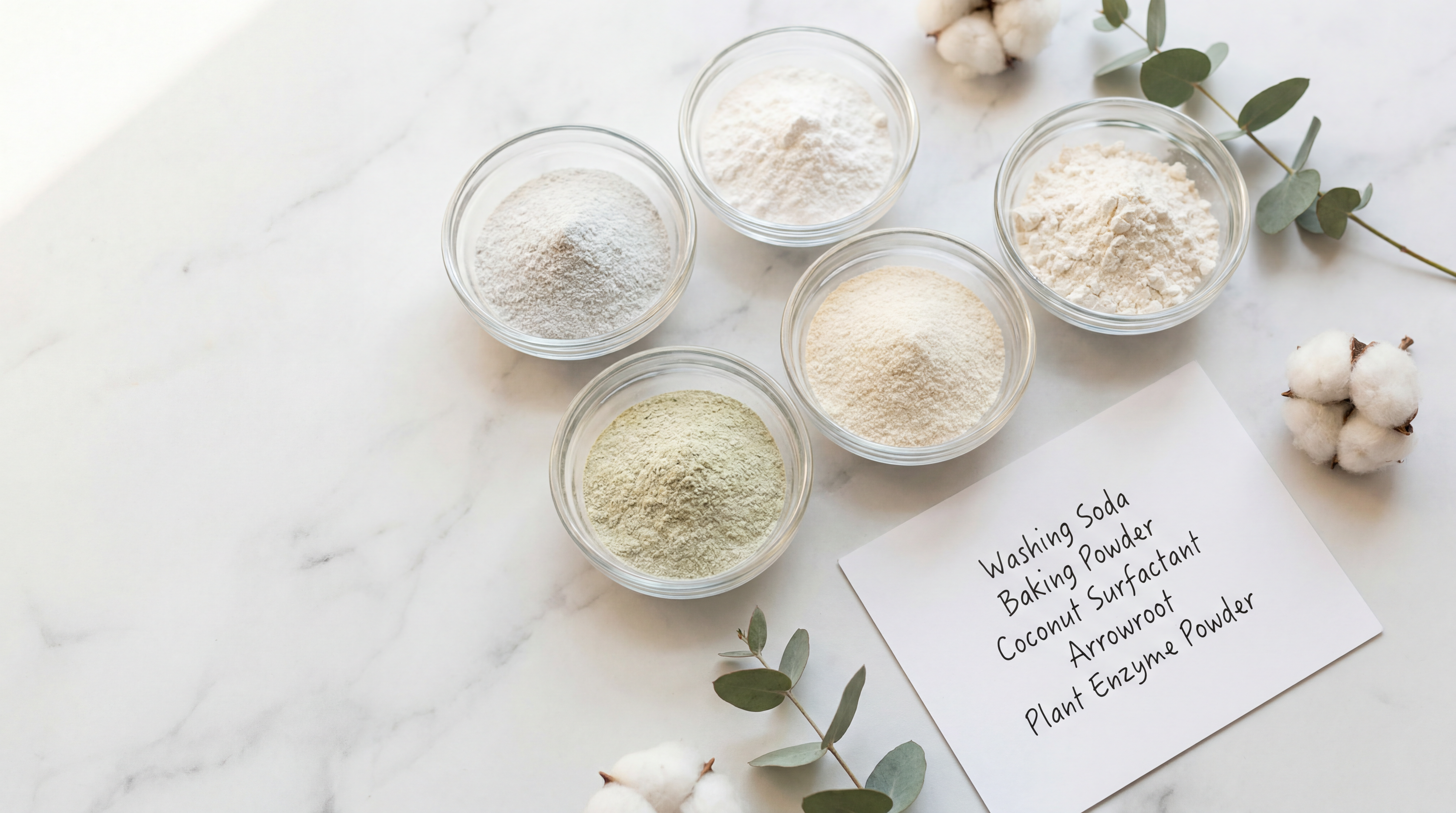 Editorial flat lay of plant-derived laundry ingredients in small glass bowls on warm marble — AEMBR