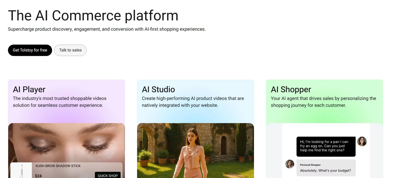 Tolstoy product page showing AI Studio beside AI Player and AI Shopper ecommerce workflows