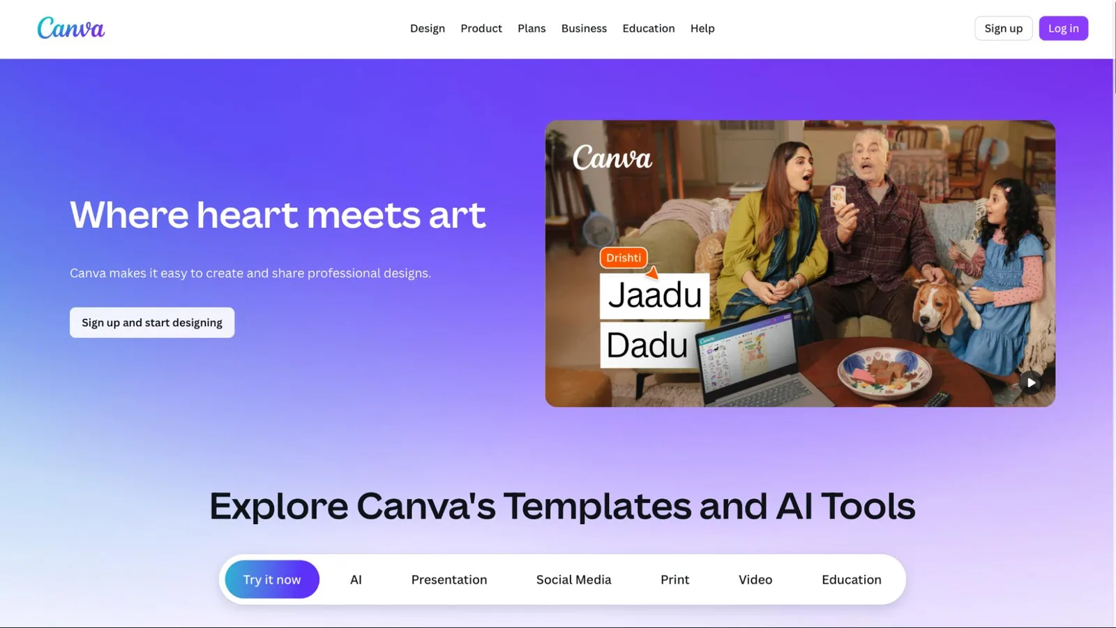 Canva homepage showing templates and AI design tools