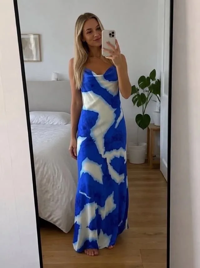 Genlook example of a shopper wearing a generated blue and white dress