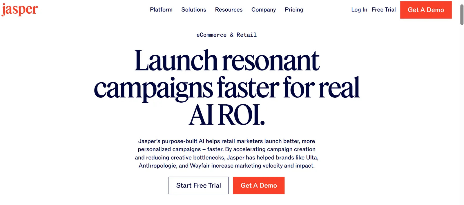 Jasper ecommerce and retail page about AI-assisted campaign creation