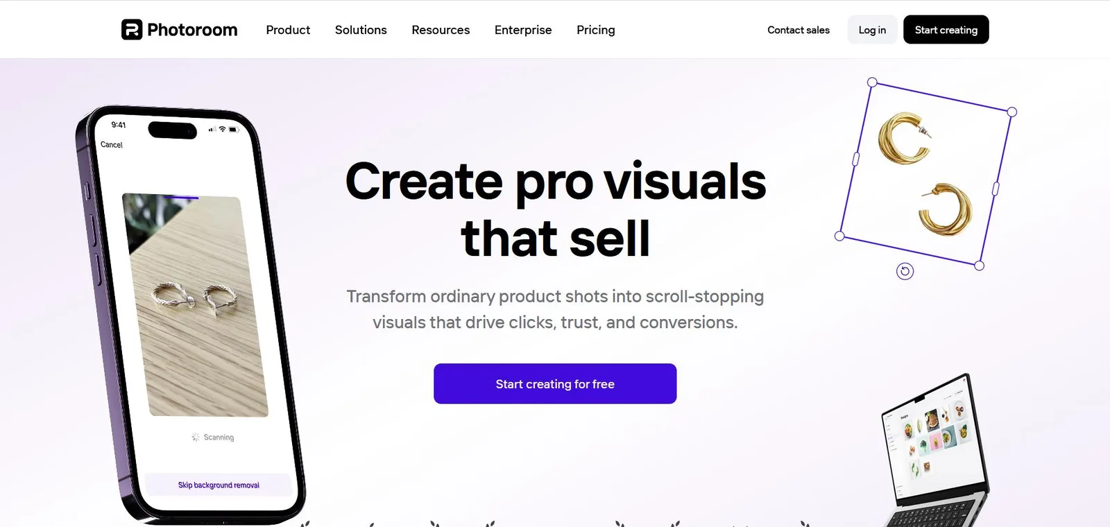 Photoroom product visual editor shown on a phone beside ecommerce product imagery