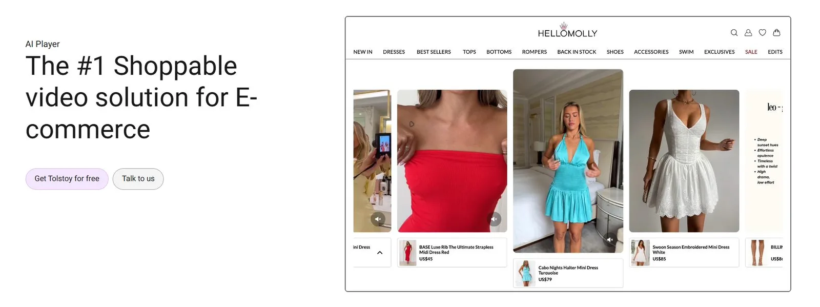 Tolstoy shoppable video product page showing interactive vertical ecommerce video on mobile and desktop