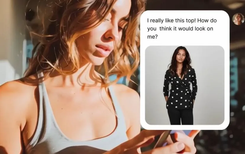 Tolstoy AI Shopper conversation showing a shopper photo and an apparel virtual try-on result
