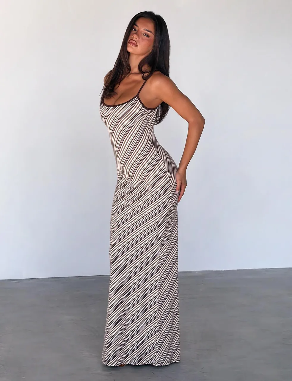 SLOANE MAXI DRESS - TAN AND CHOC STRIPE