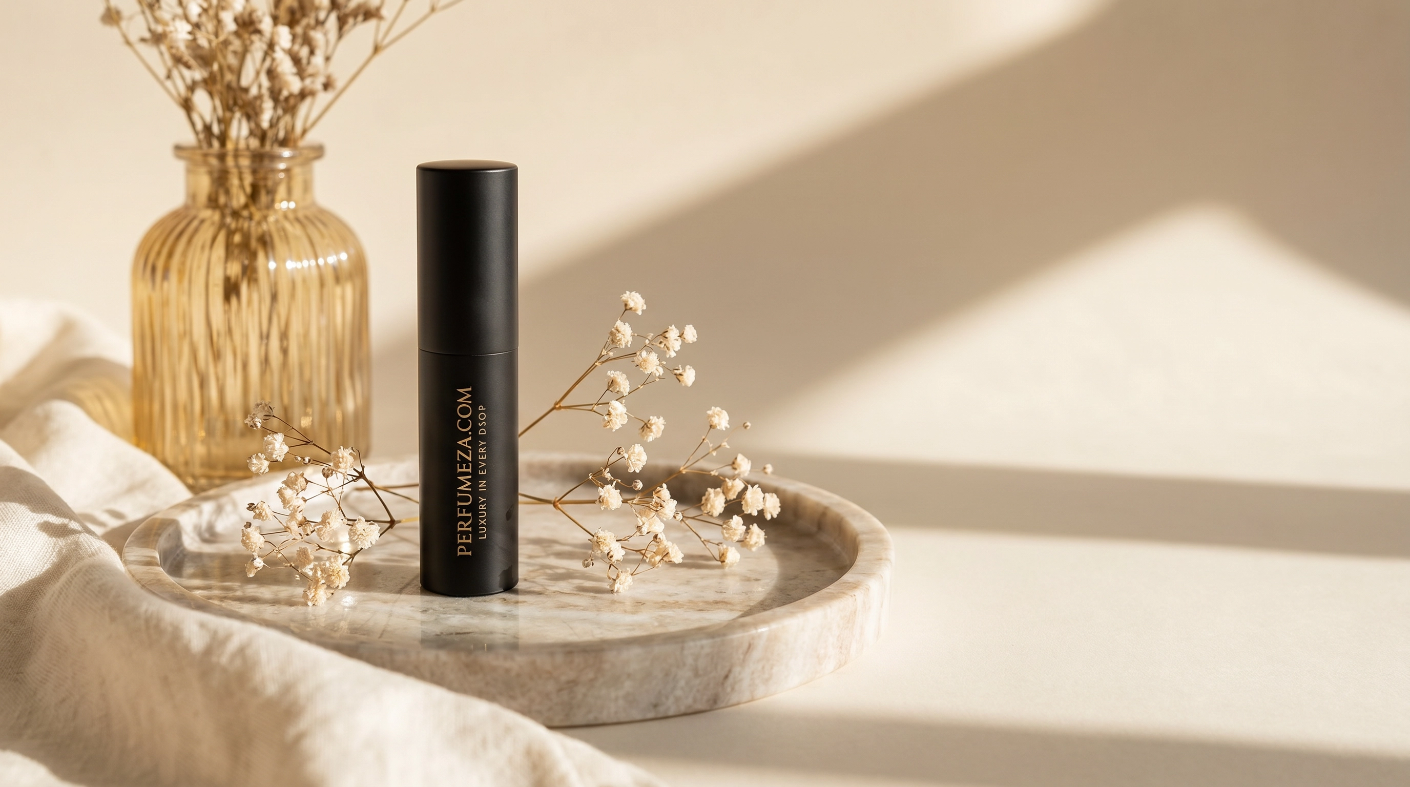 Perfumeza luxury fragrance atomizer on marble tray with dried flowers